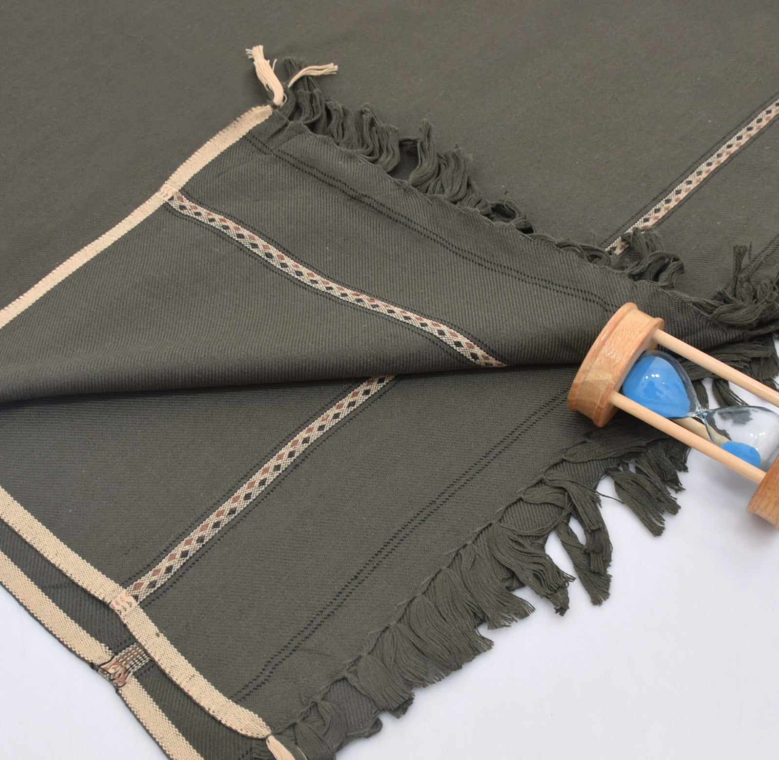 Dark green Wool fabric shawl with beige trim