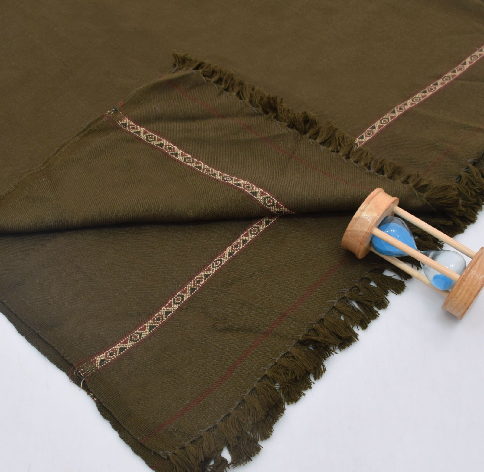 Brown Wool fabric Shawl with decorative border and fringes on a white background