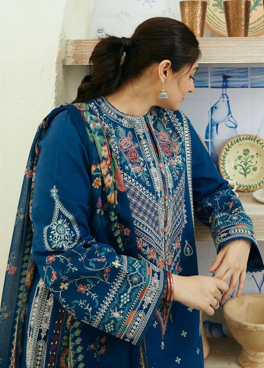 Winter 3-PC: Deep Blue Embroidered Lawn Suit
